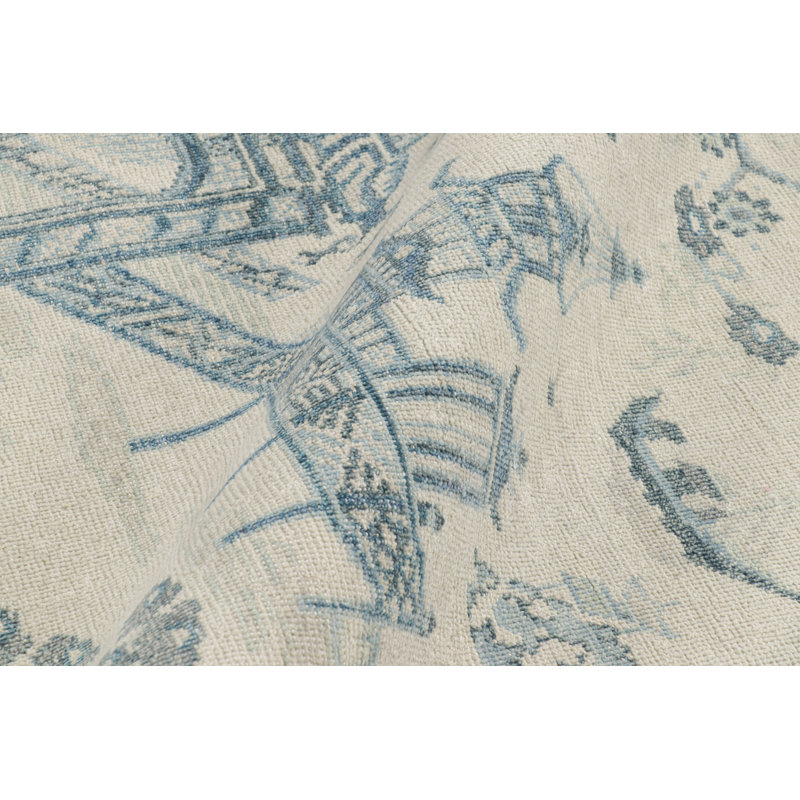 Rug & Kilim’S Distressed Chinese Pictorial Rug In Blue And Off-White Tones