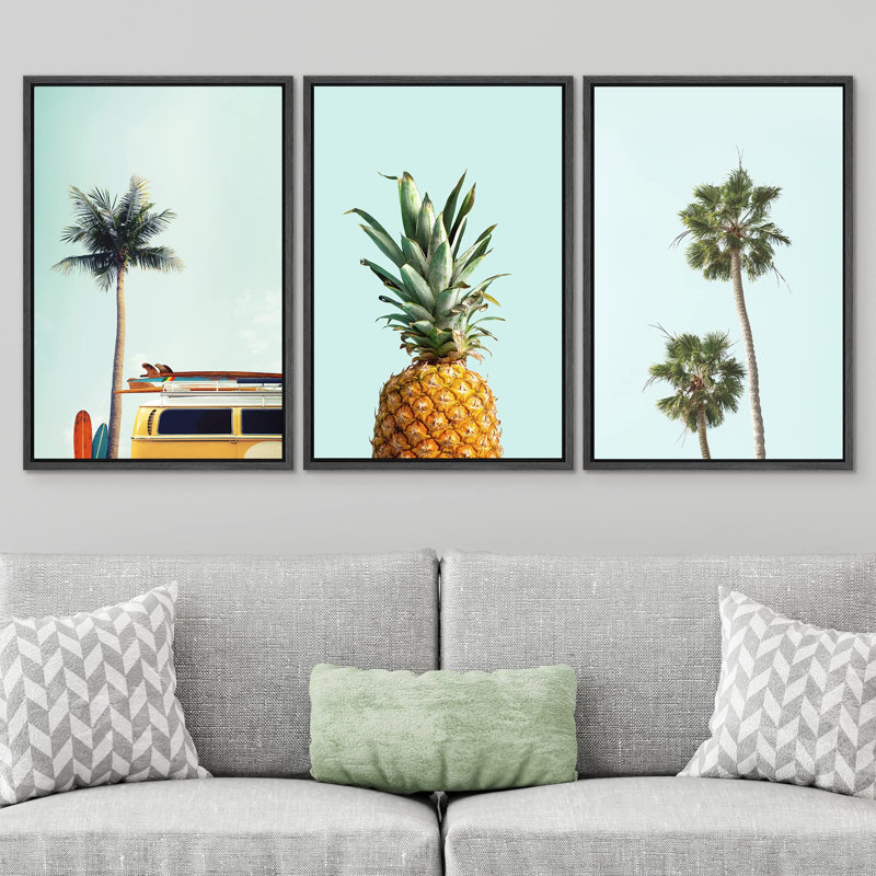 Beach And Plants " Retro Surfboard Van Tropical Island Pineapple Coastal Nautical Photography Modern Art Decor " 3 - Pieces