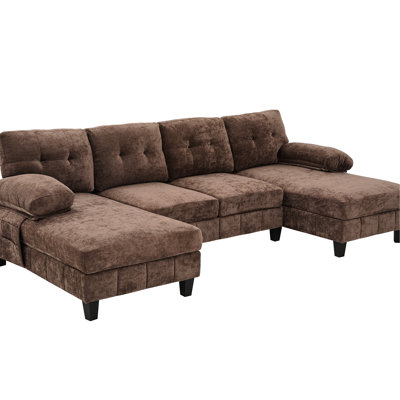 U-shaped In Brown Chenille, Featuring Dual Chaise Lounges, Storage Pockets And Armrest Pillows For A Comfortable Home Space 103.5" Chenille Fabric With Pillows, Movie Marathons