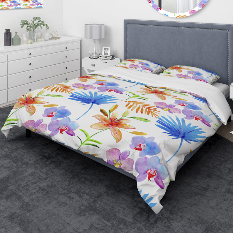 Ensemble de housse de couette designart watercolour orchidées, Housse de couette très grand + 2 taies décoratives