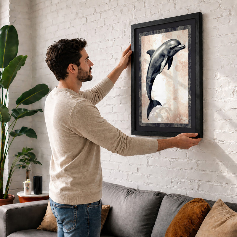 Leaping Dolphin Coastal - Framed Print, A1 - 84.1 x 59.4 cm, Oak