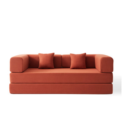 3 - Seat Convertible Orange Corduroy Sleeper Bed With Fixed Frame, Cylindrical Pillow, Floor Lounge In Bedroom, Soft Memory Foam, Pillow Back, Breathable Design Red Bedroom For , High Density Square