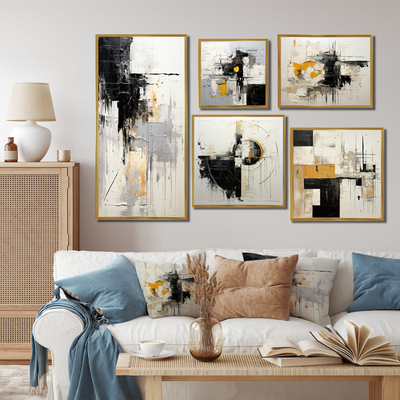 Beige et noir «Divine Simplicity I», ensemble de 5 reproductions d'art sur toile, Cadre flottant doré