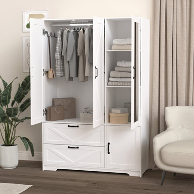 Armoire 4 portes avec miroir, armoire à DEL avec portes et 2 tiroirs, armoire de rangement en bois avec tringle, tablettes réglables, blanc