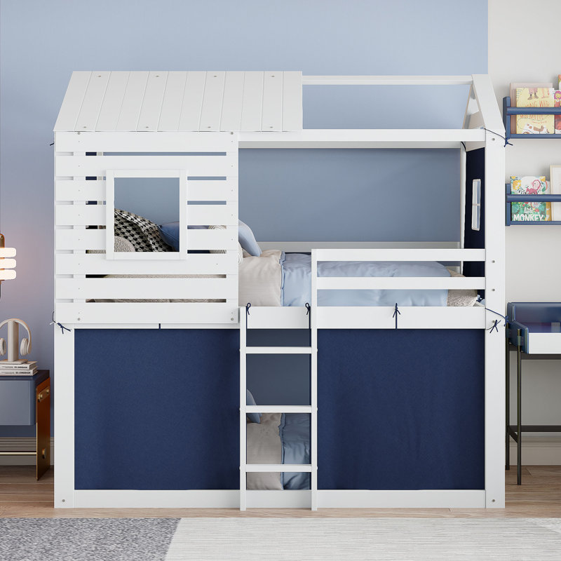 Lit superposé en bois avec tente, Bleu