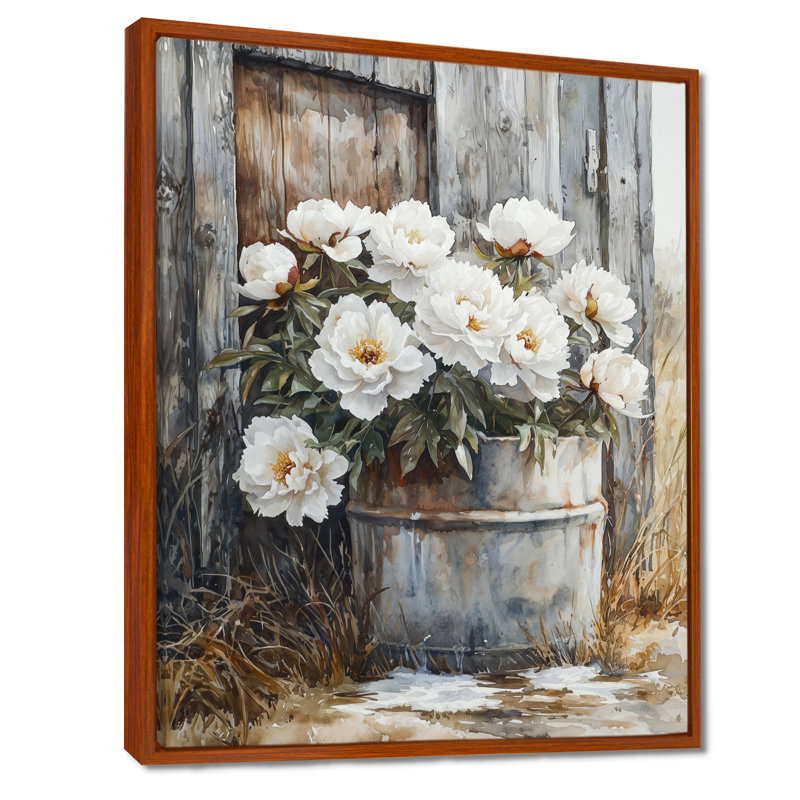 "Pivoines par l'eau gelée" - Pivoines, reproduction sur toile encadrée, H 32 po x l 24 po, Reproduction avec cadre flottant