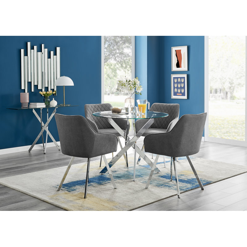 Tierra Modern Chrome Metal & Glass Round Dining Table Set with 4 Luxury Upholstered Fabric Chairs, Dark Grey/Silver