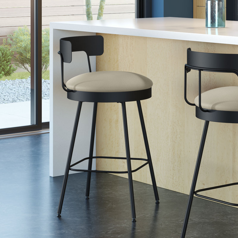 Walley Swivel Counter & Bar Stool, Black, Faux Leather-Greige, Bar Stool (30.25" Seat Height)