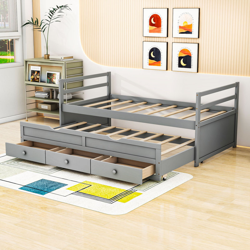 Twin Platform Bed with Twin Trundle and Three Storage Drawers, Gray