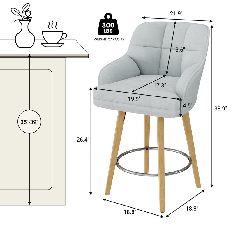 Modern Swivel Bar Stool With Backrest, Armrests And Wood Legs - Counter Height Chair For Kitchen Island, Gray, 4
