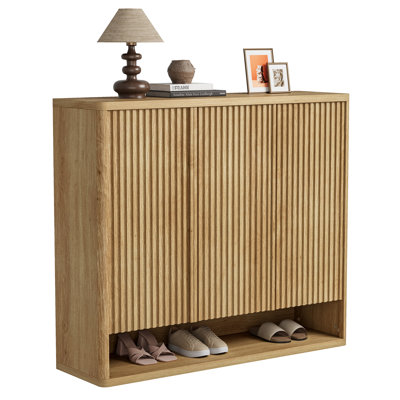 46" Shoe Storage Cabinet with Fluted Door – Adjustable Shelves, Holds 30-35 Pairs, Wooden Organizer for Entryway & Living Room (Natural Wood)