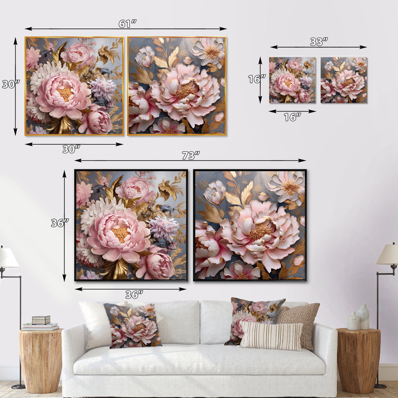 Pivoines roses rétro - feuilles dorées - ensemble de 2 collages carrés coquelicots, Cadre flottant brun, H 30 po x l 61 po