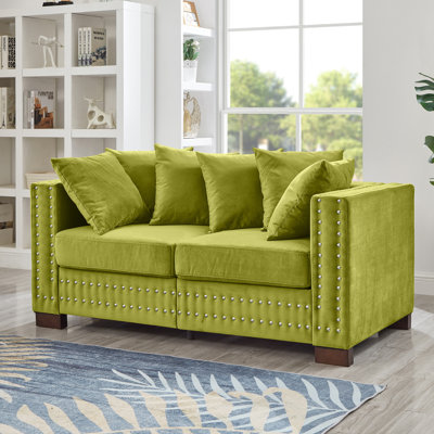 Siège moderne en velours à 2 places avec accoudoirs carrés et clous argentés, sièges à ressorts ensachés confortables, housses de coussin amovibles revêtues d'un design contemporain, décoration à clous pour accoudoirs, bois massif