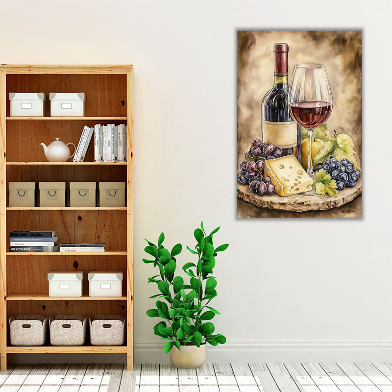 «Wine Cheese And Grapes», reproduction d'art sur toile, H 36 po x l 24 po