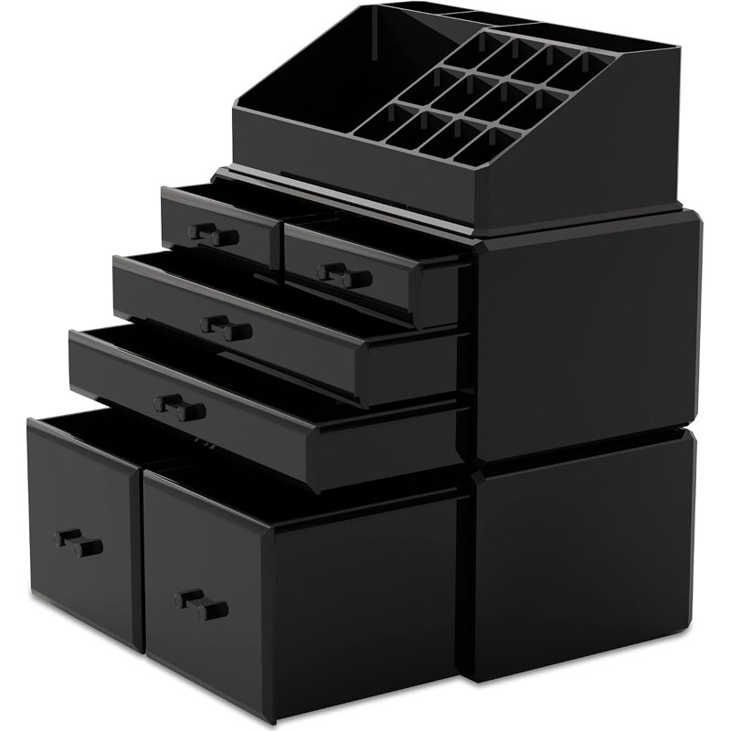 Organisateur de maquillage 3 pièces, boîte de rangement cosmétique avec 6 tiroirs (noir)