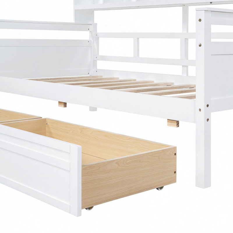 Lit de jour, support en lattes de bois, avec tablette de chevet et deux tiroirs, Lit simple, Blanc