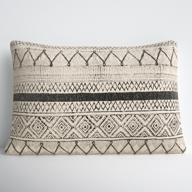 Zetta Rectangular 100% Cotton Lumbar Pillow, Polyester/Polyfill, Light Beige/Black