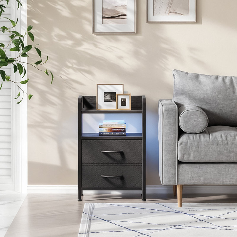 2 Drawer Nightstand with Charging Station & LED Light Strip, Black