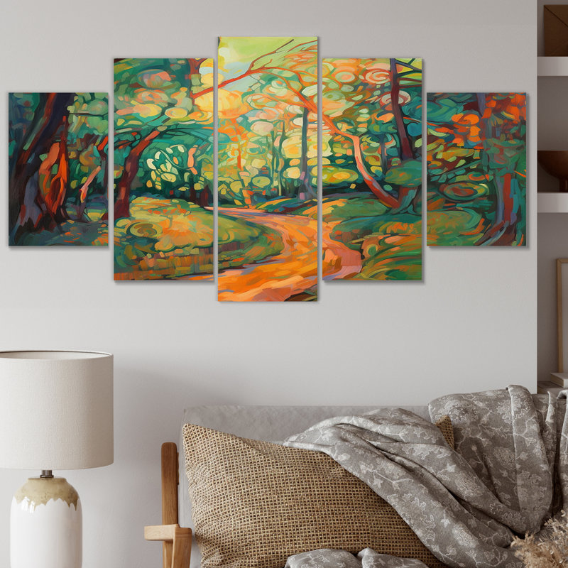 Soleil à travers les arbres en forêt d'automne II - décoration murale forêt - 5 panneaux