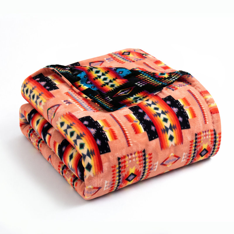 Couverture en molleton moelleux, double face, L 87 po x L 95 po, Géométrique pêche