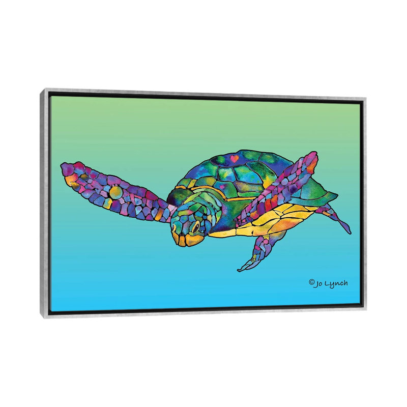 «Sea Turtle Celebration» par Jo Lynch - reproduction d'art, H 18 po x l 26 po x P 1,5 po, Aucun mat, Toile encadrée argentée