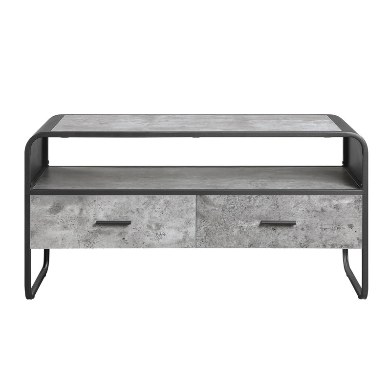 Table de télévision en béton gris et noir avec structure en métal et rangement pour petit téléviseur à écran plat 1 compartiment ouvert de 39 po ou moins