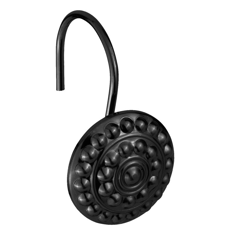 Ensemble de 12 pièces - Anneaux de rideaux de douche à boutons chromés en métal antirouille, Noir, noir, noir, noir