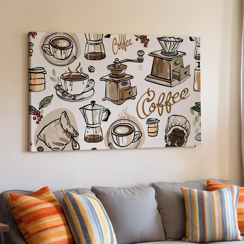 Toile, motif sans soudure, avec diverses illustrations liées au café, y compris un art mural, H 30 po x l 40 po