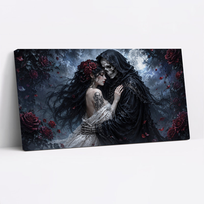 Couple de squelettes gothiques avec des roses rouges et une toile murale complète pour l'Halloween, L 58 po x H 28 po