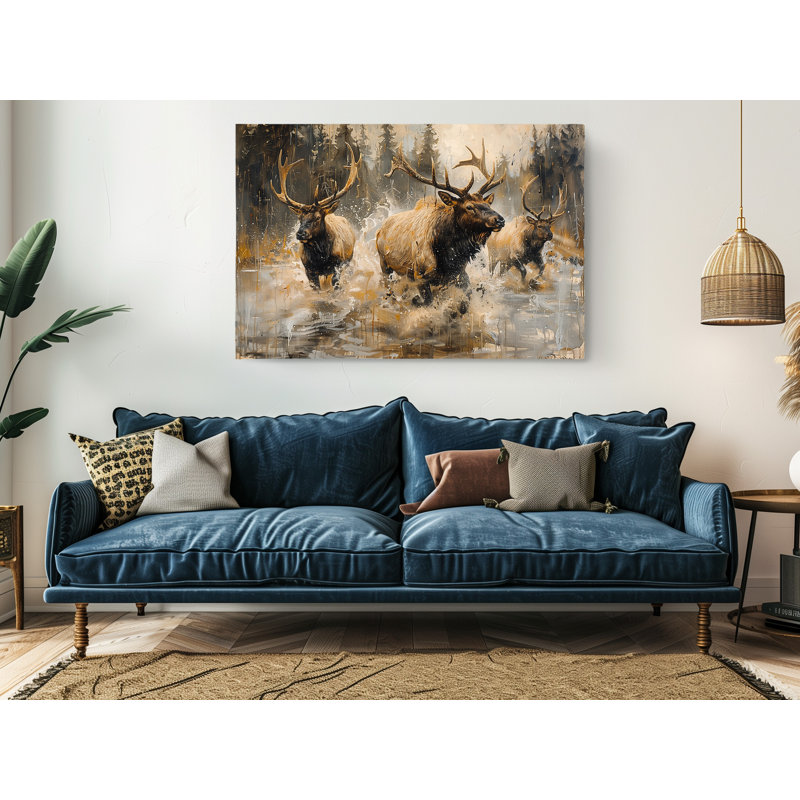 Oil Painting of Elks Canvas Print, Modern Wall Art Decor for Home & Office, 30" H x 45" W