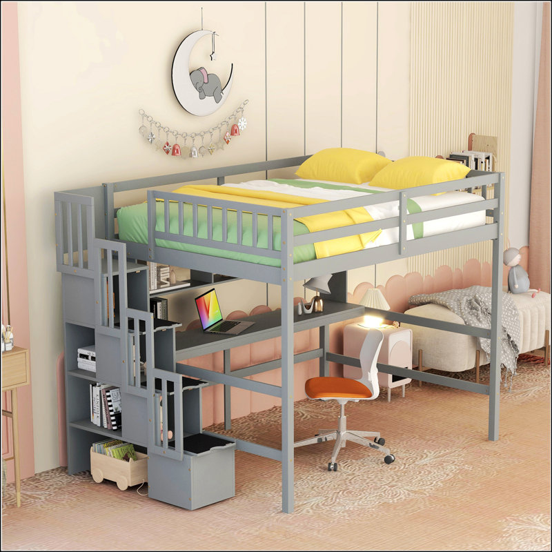 Lit mezzanine double avec bureau intégré, Gris
