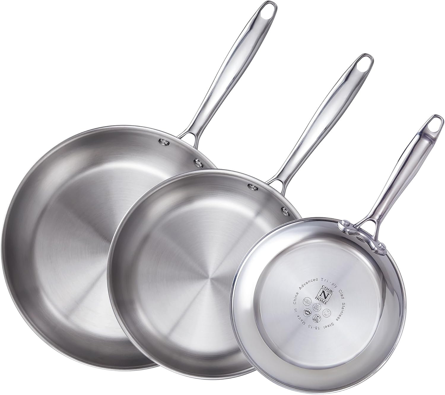 Cook N Home Stainless Steel Frying Pan Set, 8inch, 10inch, 12inch