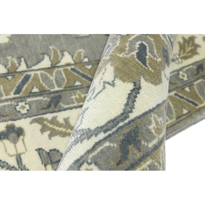 Floral Handmade Hand-Knotted Rectangle 11'10" x 14'10" Wool Area Rug in Cream