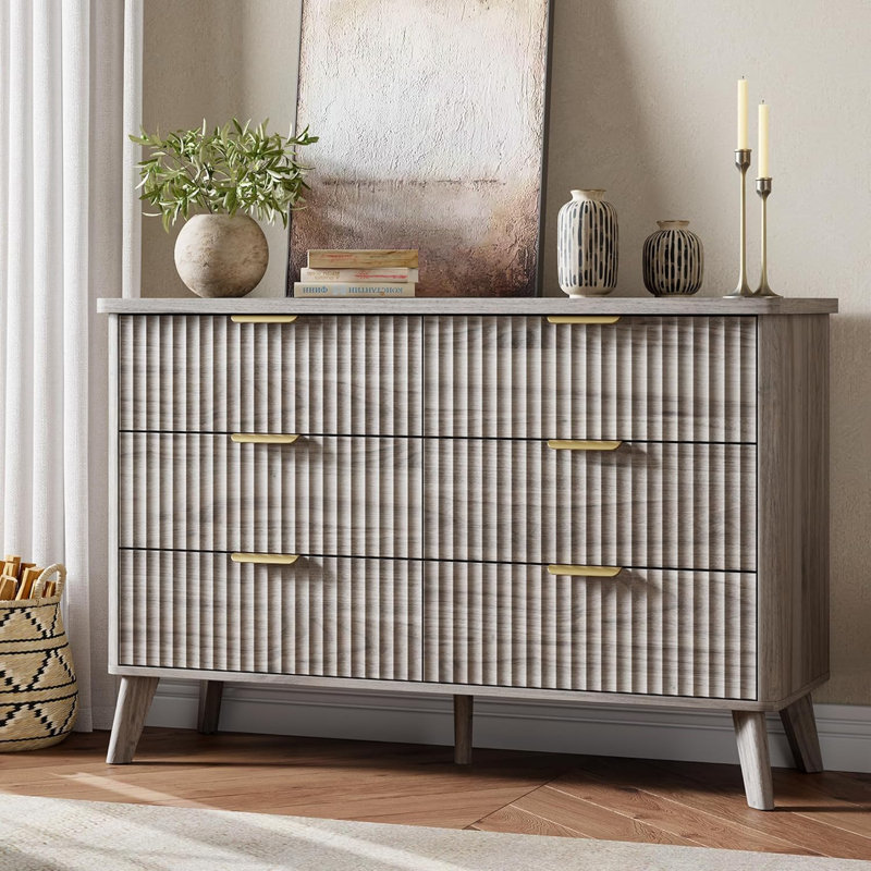 6 Drawer Dresser for Bedroom, 47.2" Wide with Fluted Wood Drawers, Gold Handle Design, Modern Chest for Living Room and Bedroom Storage, Gray