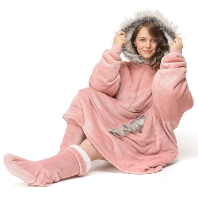 Aaleah Snug Oversize Hoodie Blanket Thermal Cosy Fur Trim With Pocket