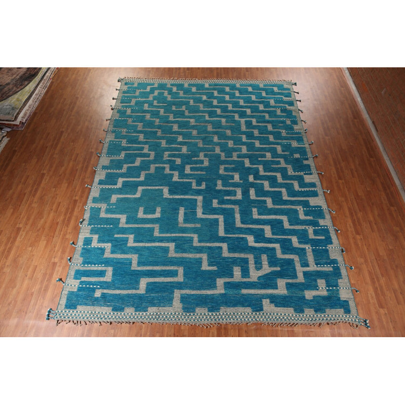 Tapis marocain moderne abstrait bleu et gris 12 x 16