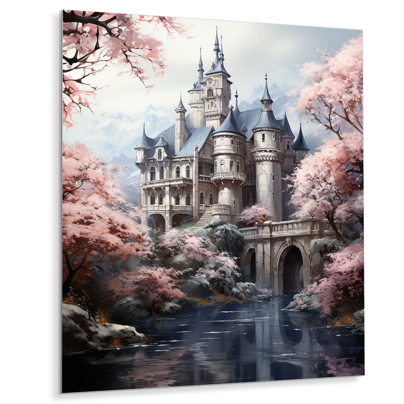 Château de conte de fées rose et gris - art mural fantastique en métal, H 32 po x l 24 po x P 1 po