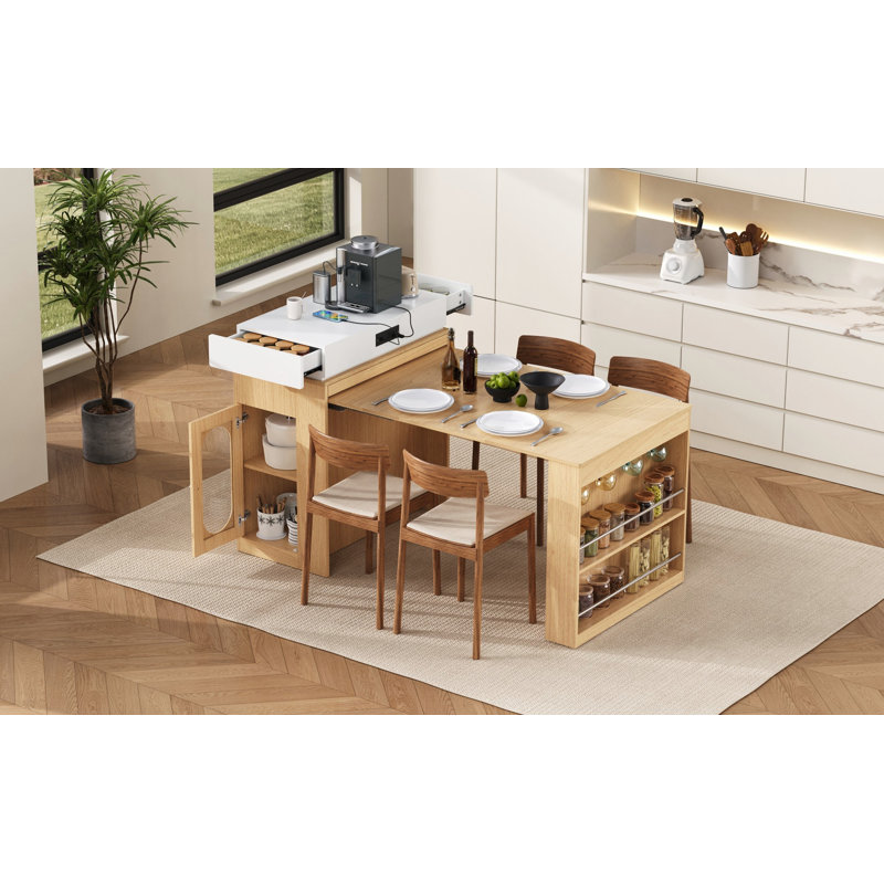 Table de salle à manger extensible avec plateau pliable, table de bar avec tiroirs et prise de courant, roulettes et crochets