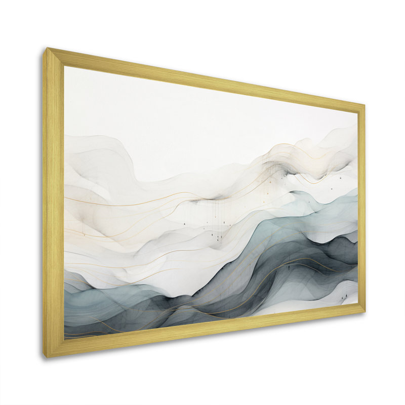 Bleu gris, dessin au trait abstrait conceptuel II - Art mural, Cadre doré simple, Doré, H 34 po x l 44 po
