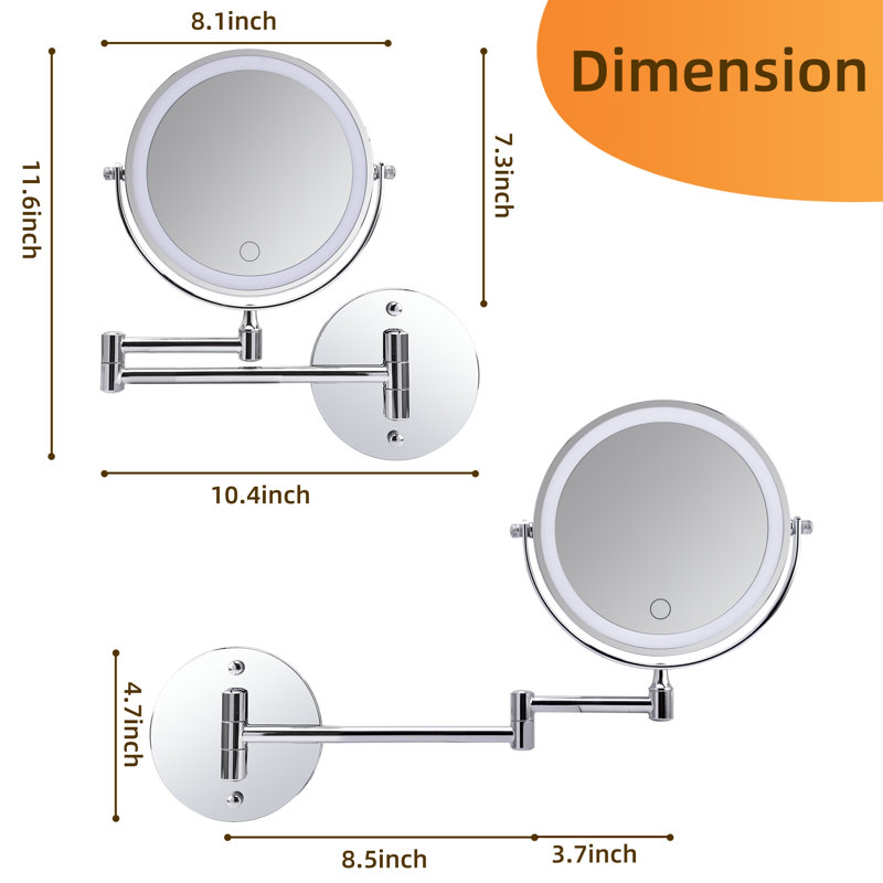 Miroir de maquillage mural rechargeable, 12.2" H x 11.6" W, Chrome chrome
