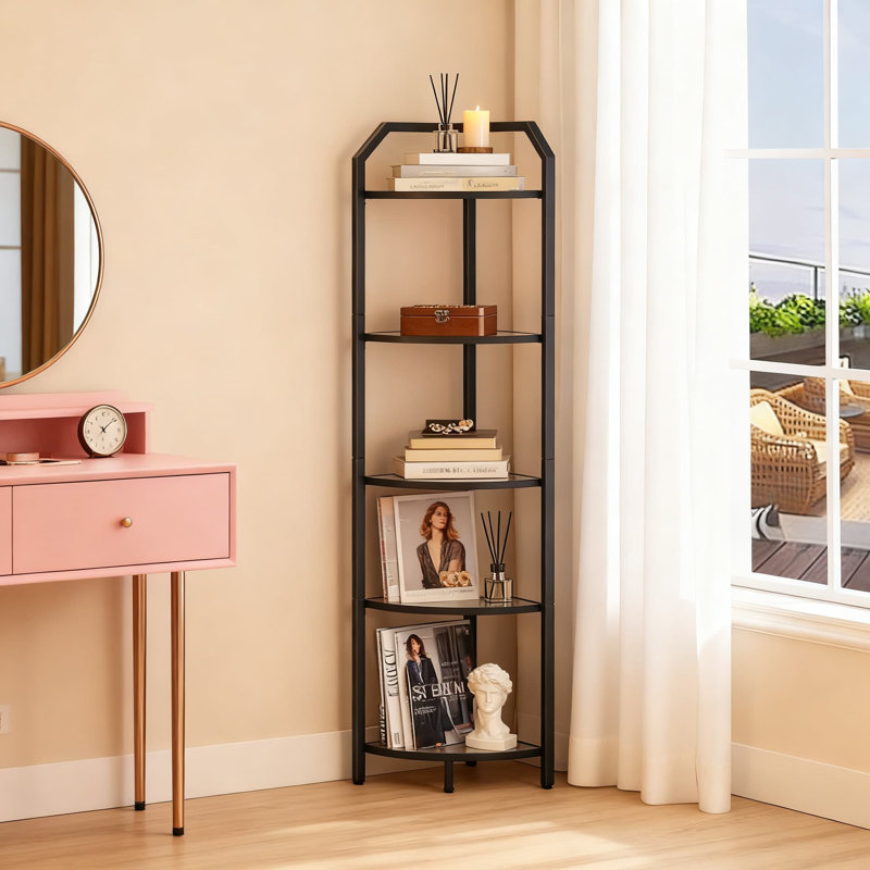 Étagère d'angle à 5 niveaux avec verre trempé, rangement en L moderne pour le salon, la salle de bain, le bureau et le balcon