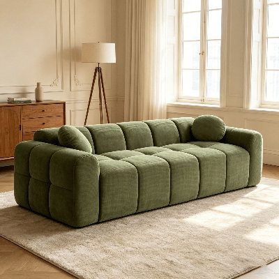 98.4" Corduroy 4-Seater Sofa – Cube-Style, Compression-Molded Foam, Includes 2 Pillows