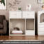Enceinte de litière pour chat blanc Tilesha, meuble de litière d'intérieur caché 37,4 po avec porte en verre et tiroirs, table de bout avec salle de bain moderne pour chat