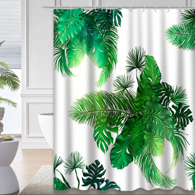 Tropical Palm Leaves Drawn Modern Botanical Shower Curtain with 12 Hooks
