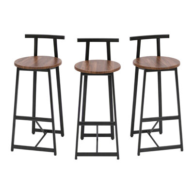 Tabourets de bar hauts avec dossier, noir et brun noyer, ensemble de 3
