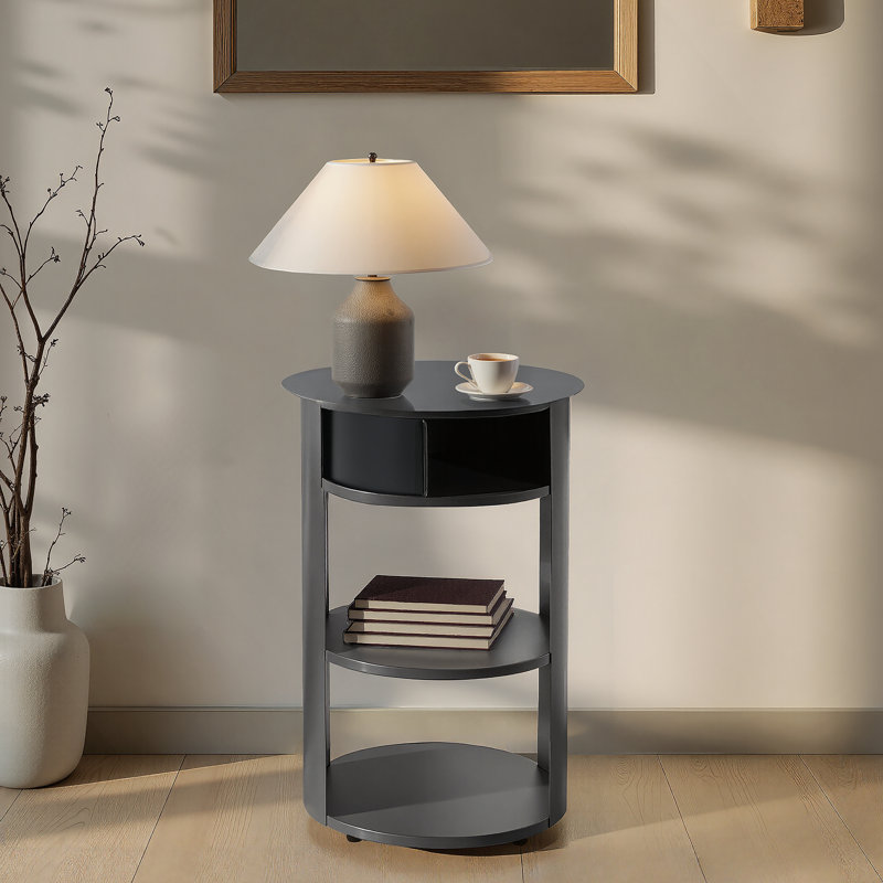Table d'appoint ronde d'intérieur en métal à 3 niveaux avec armoire à porte coulissante, Noir mat