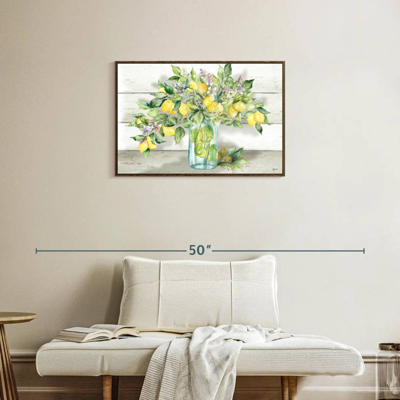 Aquarelle de citrons dans un pot Mason, Cadre flottant noyer, 31 po x 21 po