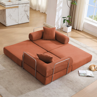 Modular Couch Sofa Bed For Small Spaces, Convertible Design With Removable Armrests And No Assembly Required, Corduroy Fabric In Orange