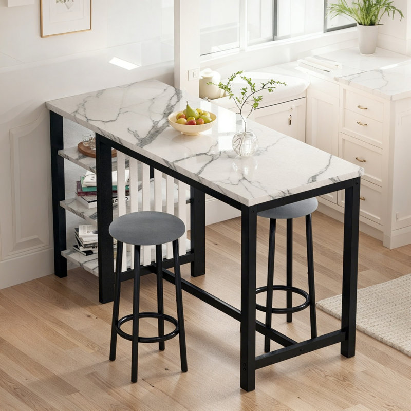 Bar Table Set For 2 With Storage Shelves, 4-Tier Faux Marble Bar Height Table With 2 Grey Velvet Upholstered Stools, Modern 3-Piece Dining Table Set Of 2 For Kitchen, Home, Studio, Office