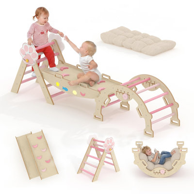 Foldable 7-in-1  Triangle Set with Reversible Slide – Birch Wood  Climbing Gym for Toddlers 1-6. Space-Saving Indoor Playground